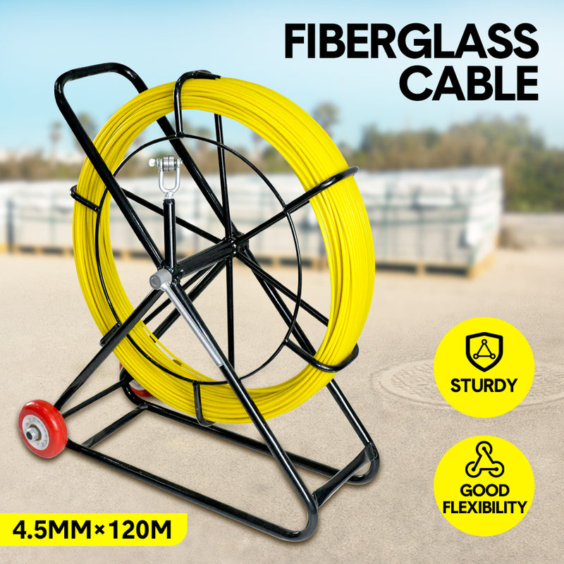 4.5mm 120M Fish Tape Puller Fiberglass Rodder Guiding Cable Duct Rodder Snake Copper Wire with Steel Reel Cage and Wheels Telstra NBN Tool Non-Conduct