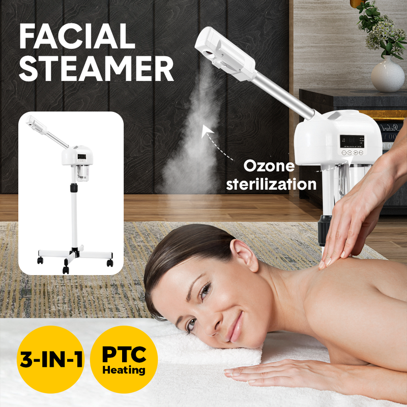 3IN1 Professional Facial Steamer Humidifier Ozone Spa Salon Adjustable Height with LCD Display and Timer Rolling Wheels For Beauty Skin Facial Clean