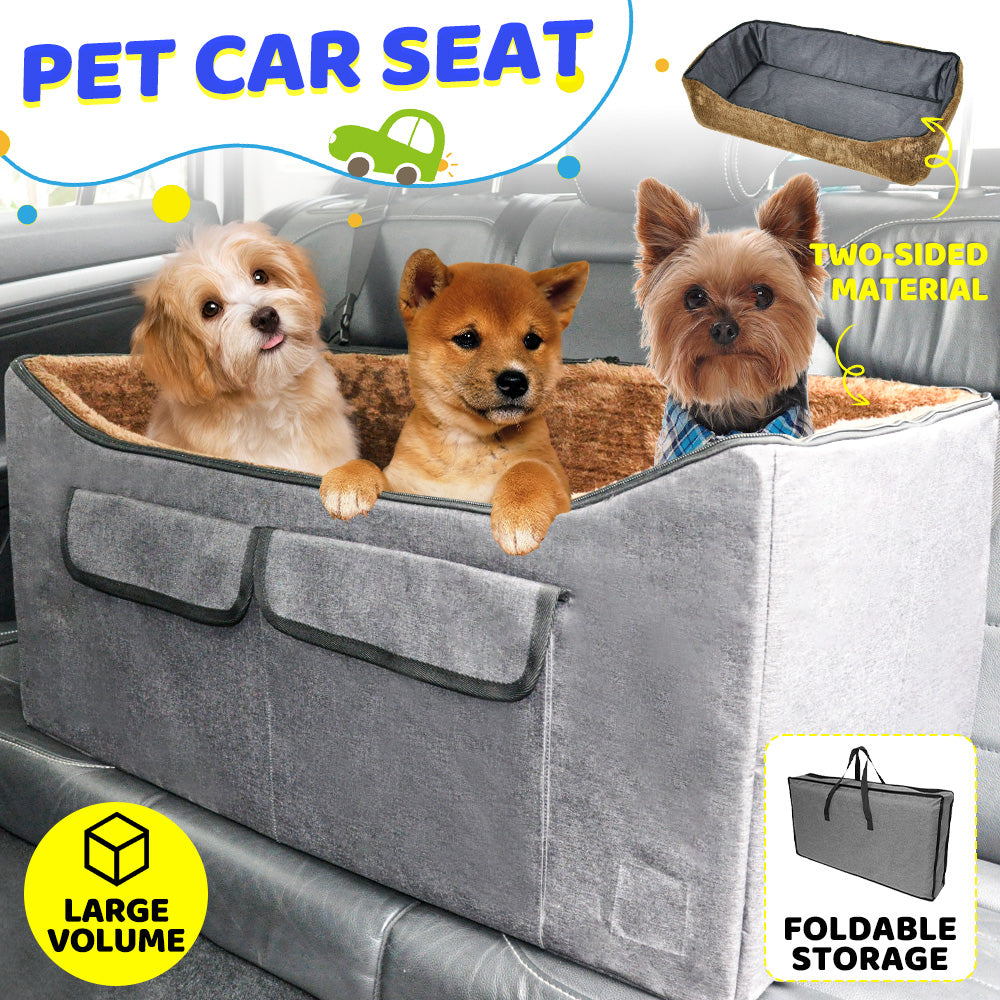 Foldable Pet Car Seat Portable Travel Dog Booster Seat Washable Double-Sided Cushion with Safety Belt and Storage Pocket For Medium Dogs Pets Grey