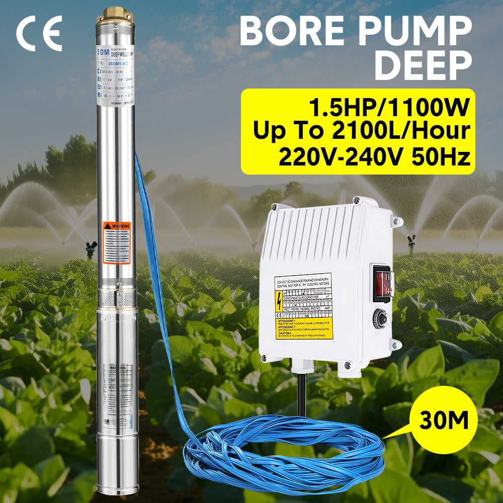 1.5HP 1100W Submersible Bore Pump 240V Deep Well Water Pump Borehole Water Pump Stainless Steel Max Head 60m for Industrial Irrigation Livestock Home Use