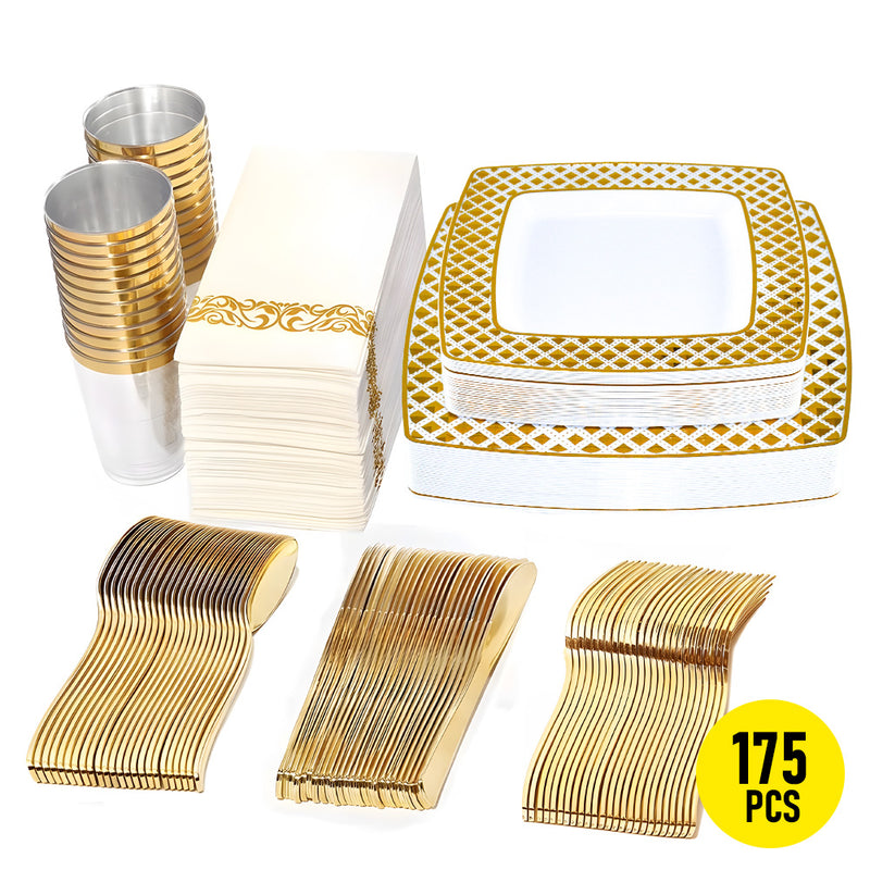 175pcs Food-Grade Wedding Event Banquet Disposable Tableware Dinnerware Gold-Edged Plastic Cutlery Pack of 25 Dining Sets Square Plates Cutlery Napkins