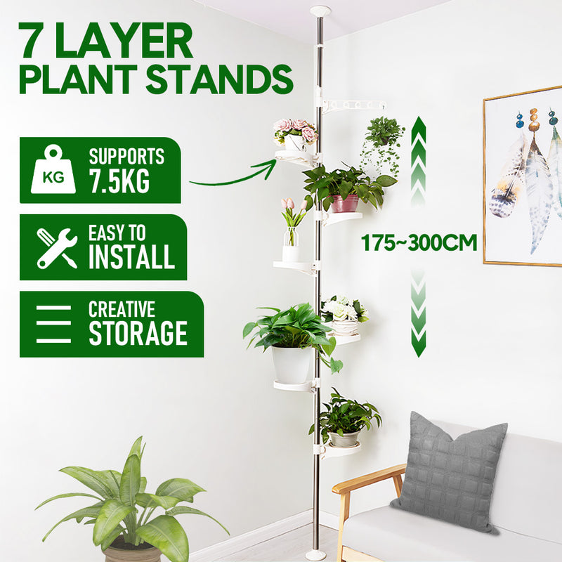 7-Layer Plant Stands Tension Pole Height Adjustable 230-290cm Metal Pot Hanging Flower Display Rack with 6 Trays and Hanging Hook for Indoor Balcony Patio