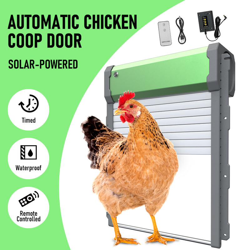 Solar Powere Automatic Chicken Coop Door Waterproof Cage Closer Opener Anti-Pinch with Timer Auto Light Sensor and Remote Control One Year Warranty