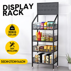 4 Tier Supermarket Shelf Display Rack Grocery Metal Stand Shelf for Commercial Retail Stores Home Organizer-with Wheel Black