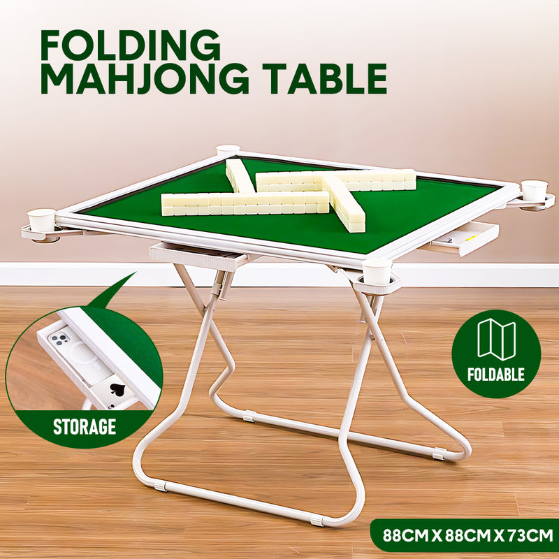 88cm Square Folding Mahjong Card Table with Felt Green Surface Tabletop and Cup Holders Drawers Portable Foldable Game Table for 4 Players Green