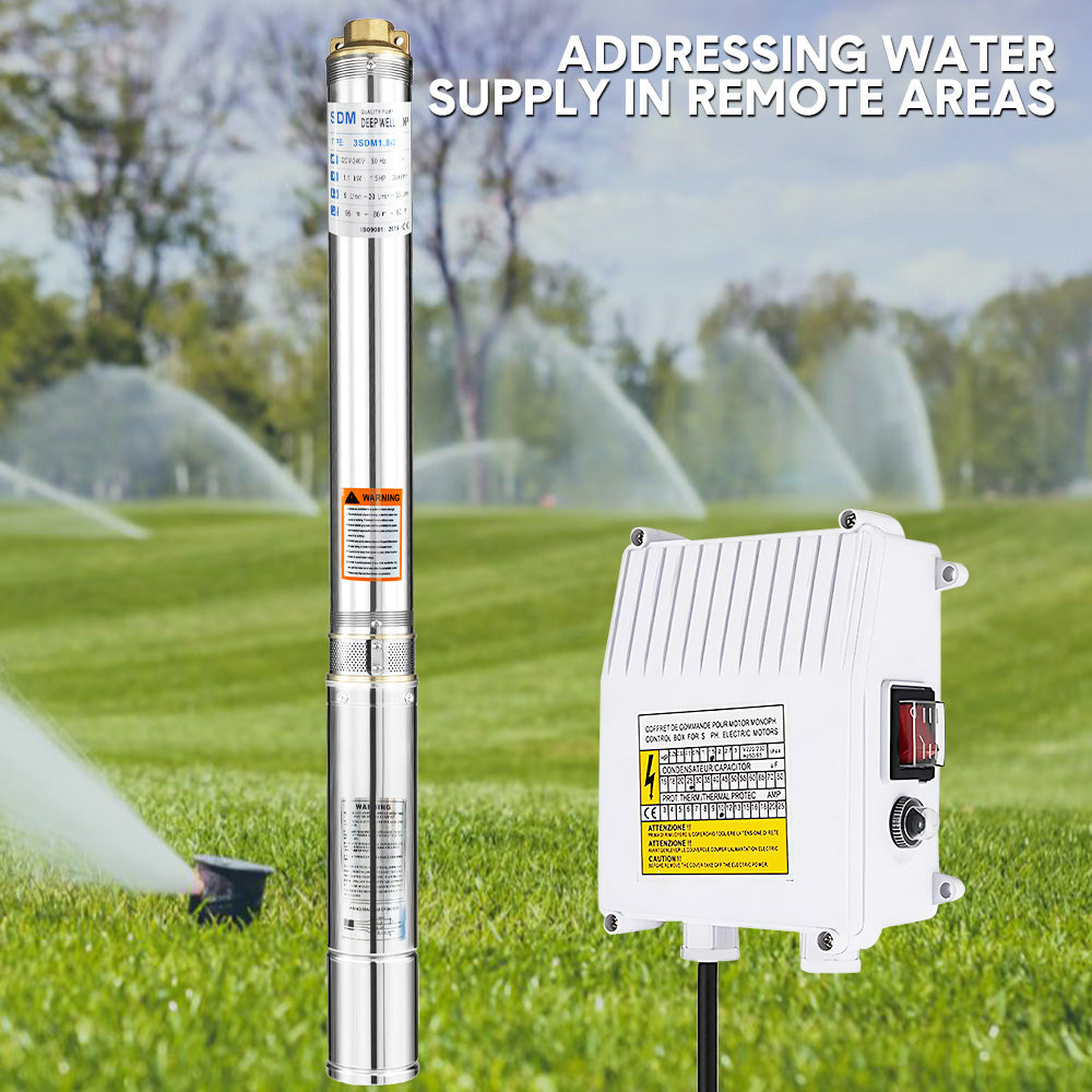 1.5HP 1100W Submersible Bore Pump 240V Deep Well Water Pump Borehole Water Pump Stainless Steel Max Head 60m for Industrial Irrigation Livestock Home Use