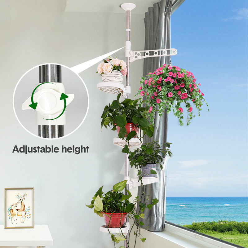 7-Layer Plant Stands Tension Pole Height Adjustable 230-290cm Metal Pot Hanging Flower Display Rack with 6 Trays and Hanging Hook for Indoor Balcony Patio