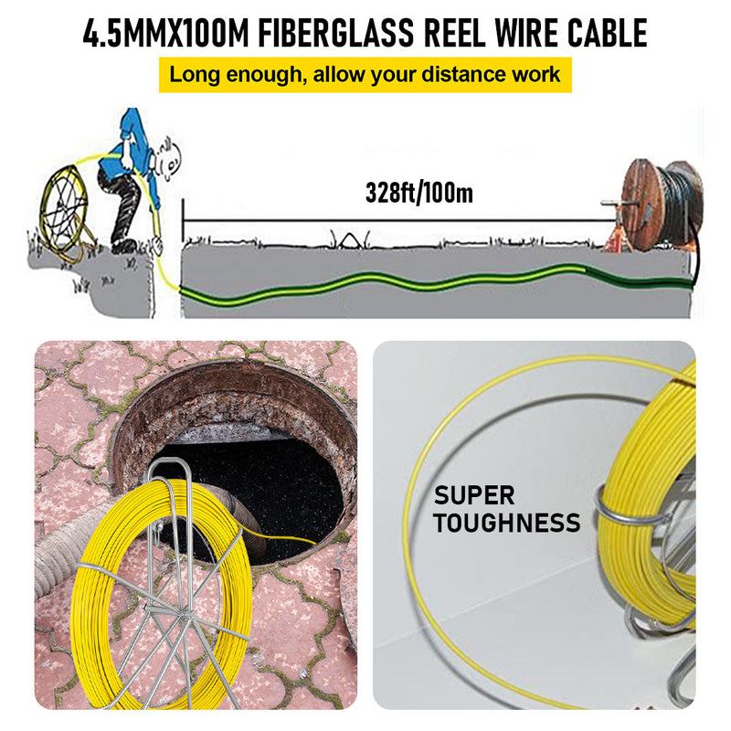 4.5mm 100M Fish Tape Fiberglass Rodder with Steel Reel Cage Cable Duct Rodder Snake Copper trace Wire Telstra NBN Tool Non-Conduct