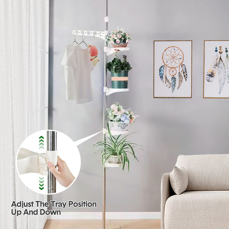 7-Layer Plant Stands Tension Pole Height Adjustable 230-290cm Metal Pot Hanging Flower Display Rack with 6 Trays and Hanging Hook for Indoor Balcony Patio