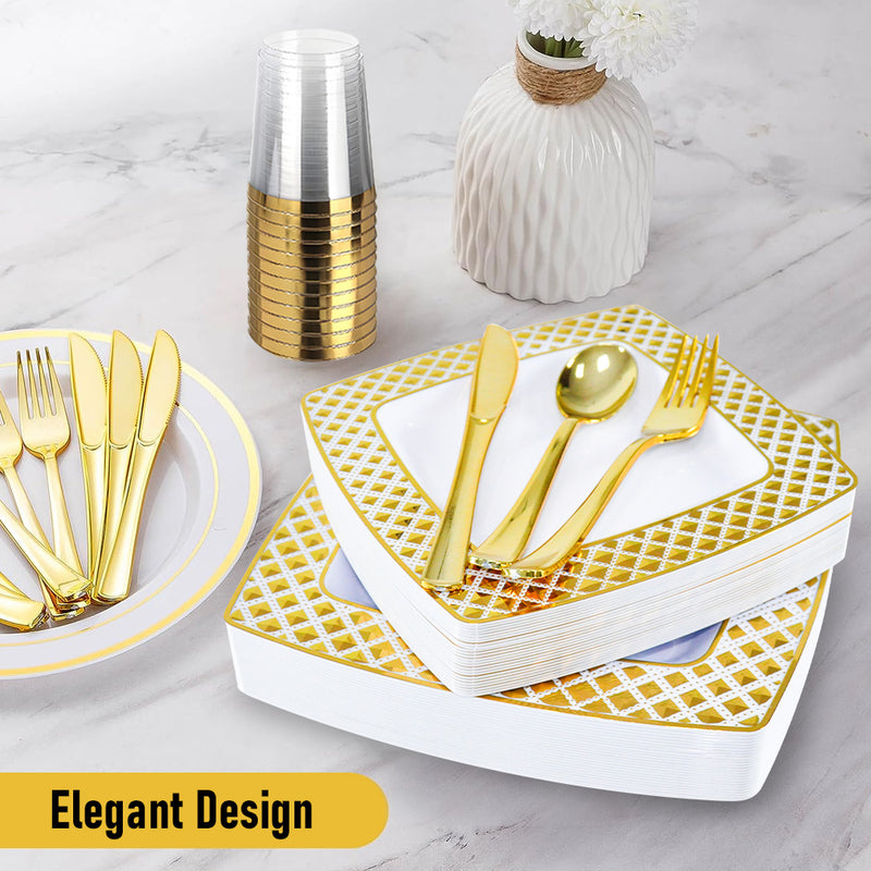 175pcs Food-Grade Wedding Event Banquet Disposable Tableware Dinnerware Gold-Edged Plastic Cutlery Pack of 25 Dining Sets Square Plates Cutlery Napkins