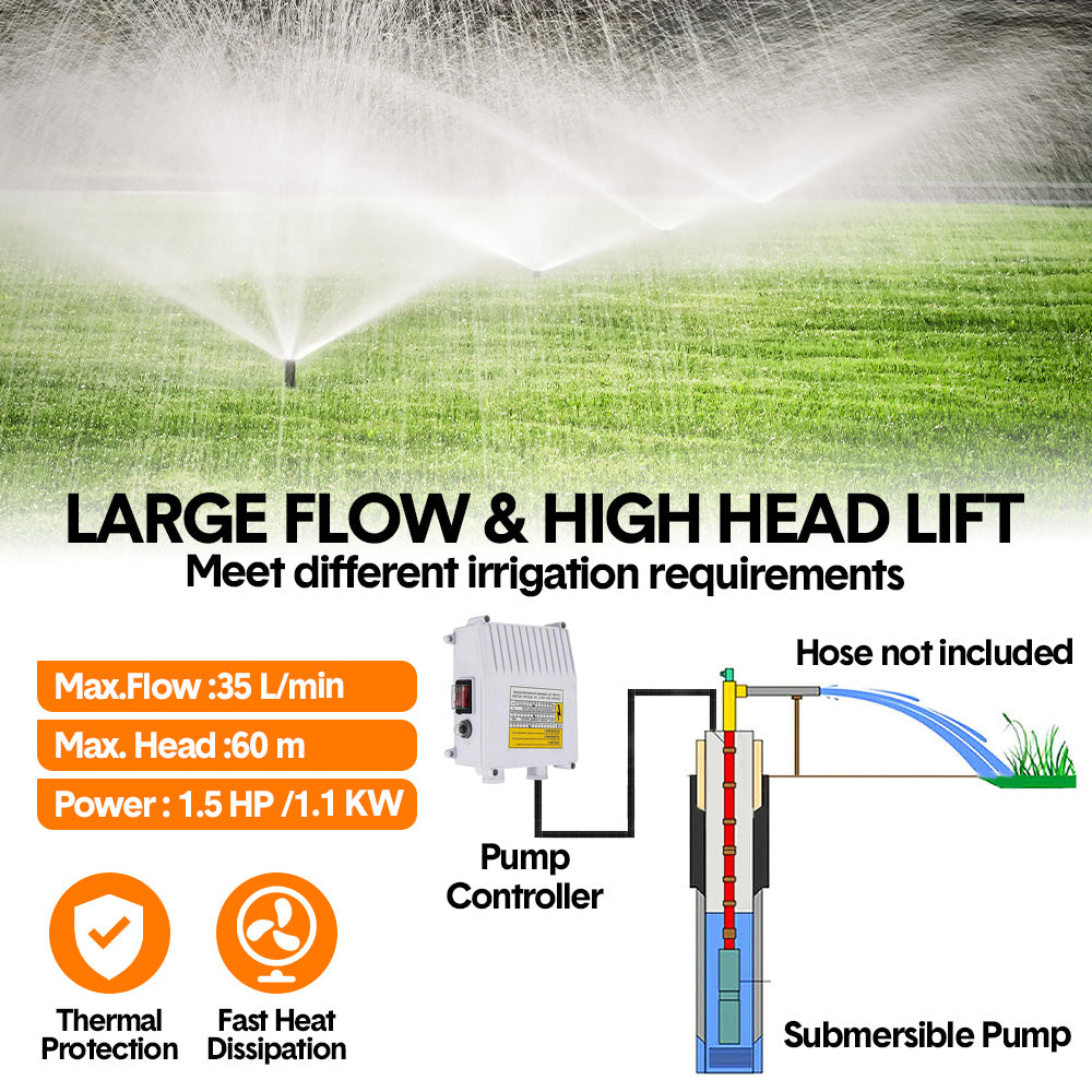 1.5HP 1100W Submersible Bore Pump 240V Deep Well Water Pump Borehole Water Pump Stainless Steel Max Head 60m for Industrial Irrigation Livestock Home Use