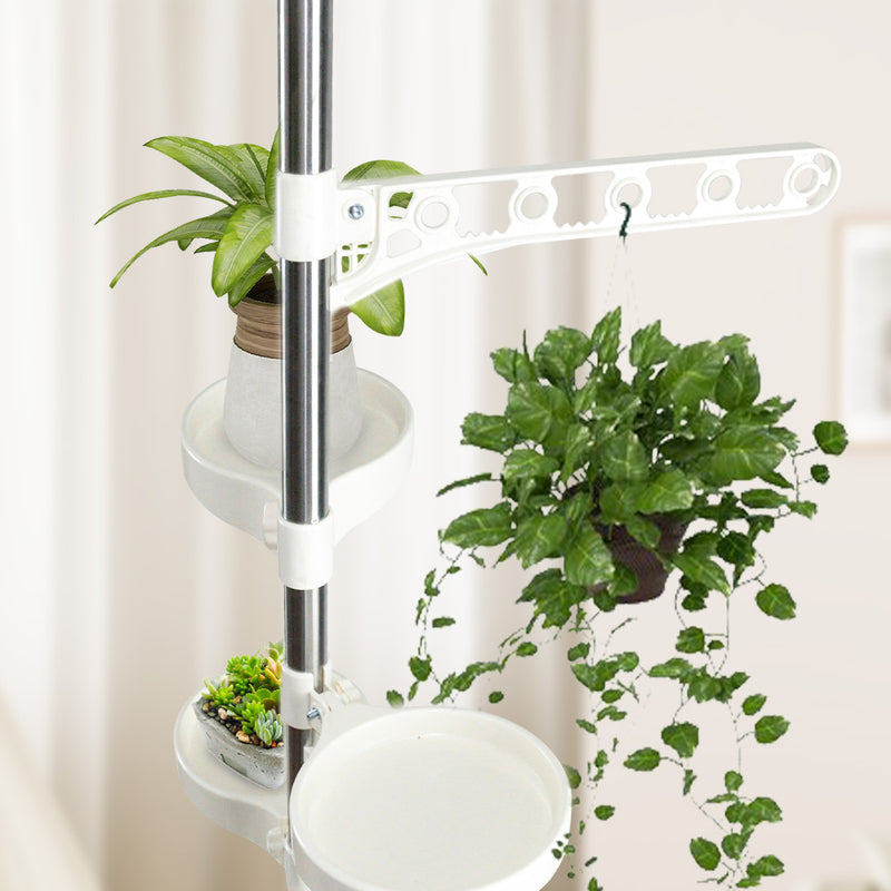 7-Layer Plant Stands Tension Pole Height Adjustable 230-290cm Metal Pot Hanging Flower Display Rack with 6 Trays and Hanging Hook for Indoor Balcony Patio