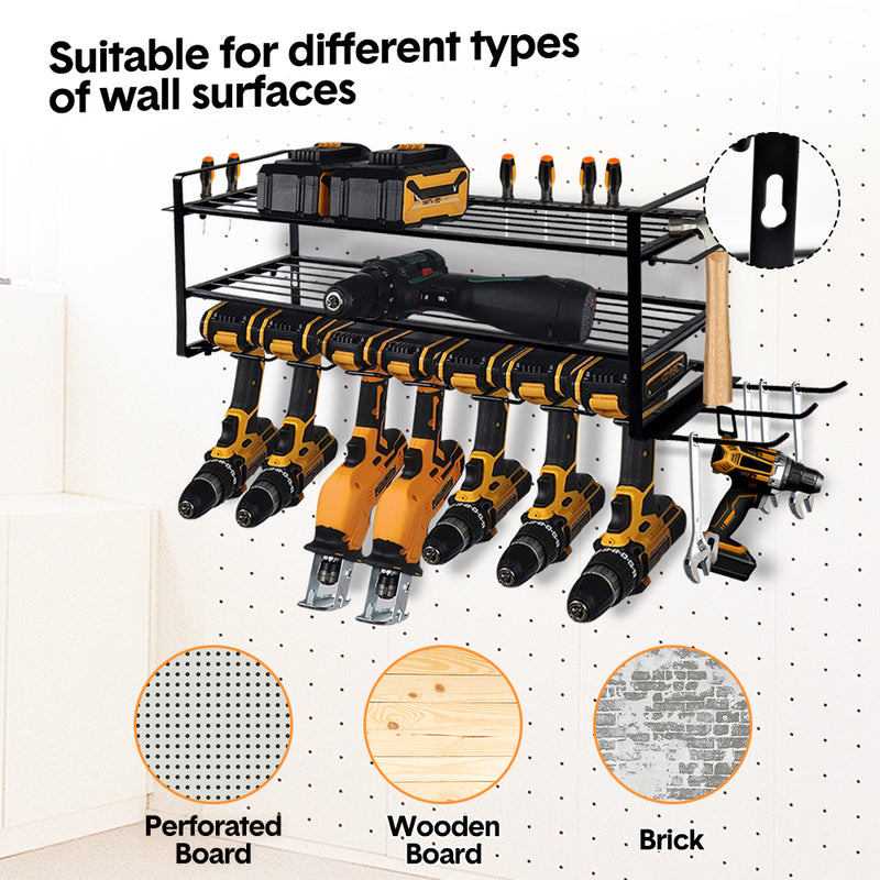 Power Tool Organizer Wall Mount 7 Drill Holder 3 Layer Heavy Duty Metal for Drill Plier Hammer Rack Suitable for Workshop Garage