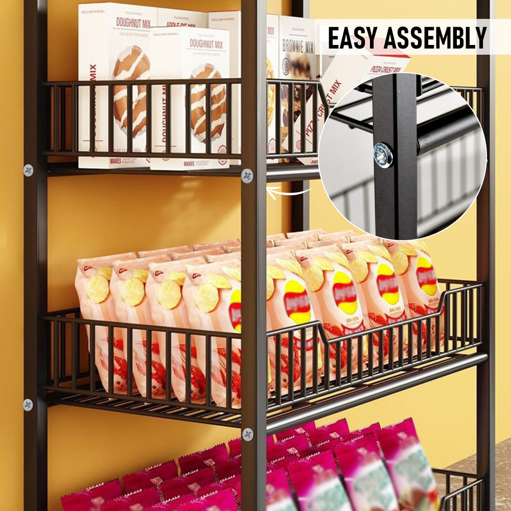 4 Tier Supermarket Shelf Display Rack Grocery Metal Stand Shelf for Commercial Retail Stores Home Organizer-with Wheel Black