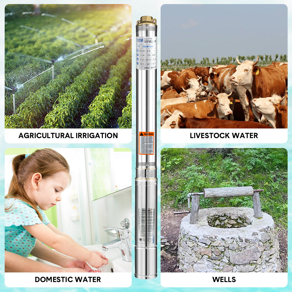 1.5HP 1100W Submersible Bore Pump 240V Deep Well Water Pump Borehole Water Pump Stainless Steel Max Head 60m for Industrial Irrigation Livestock Home Use