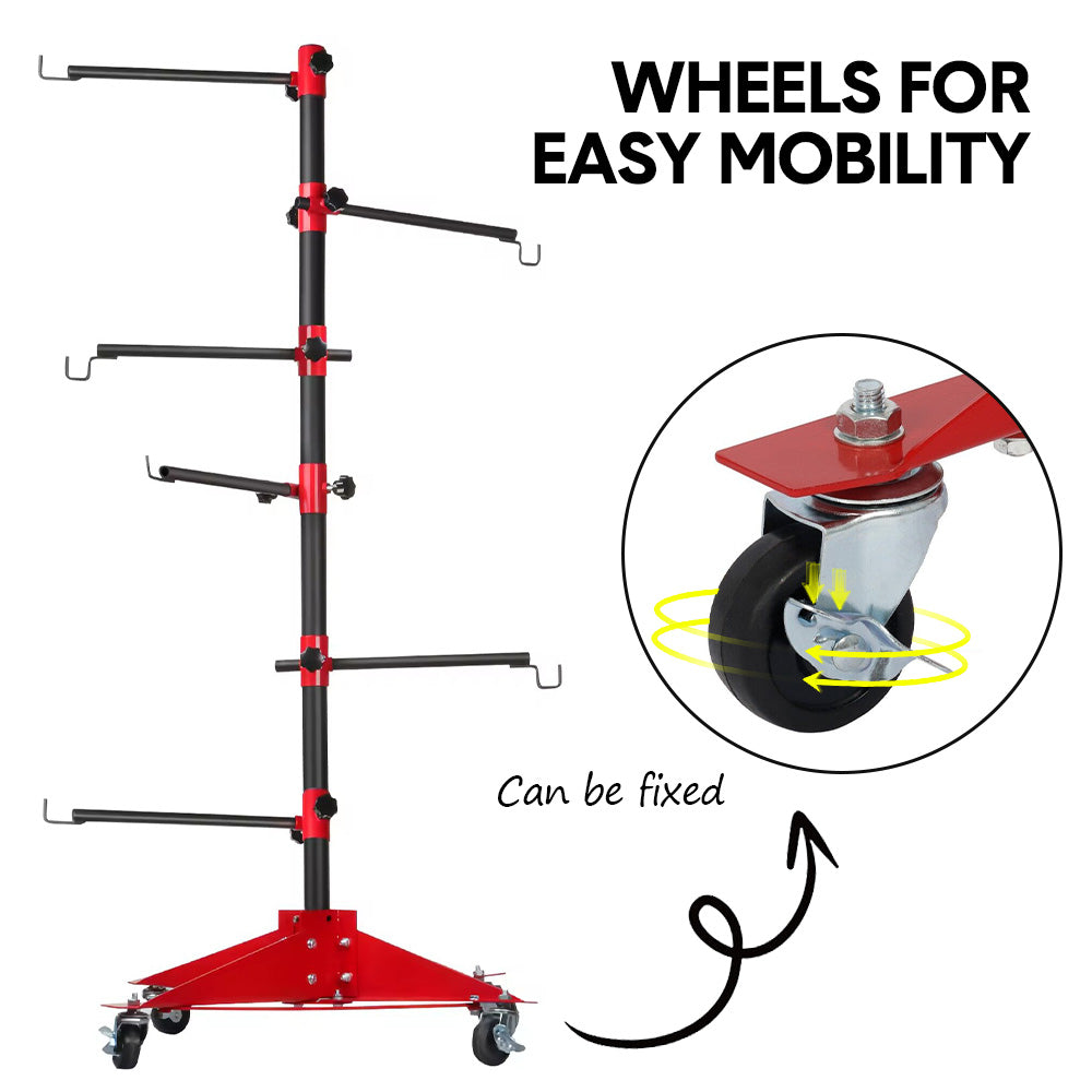 Universal Auto Paint Stand Panel Tree Paint Rotating Stand Center Post Hang Paint Spray with 4 Wheels and 6 Hooks for Automotive Doors Fenders Bumpers