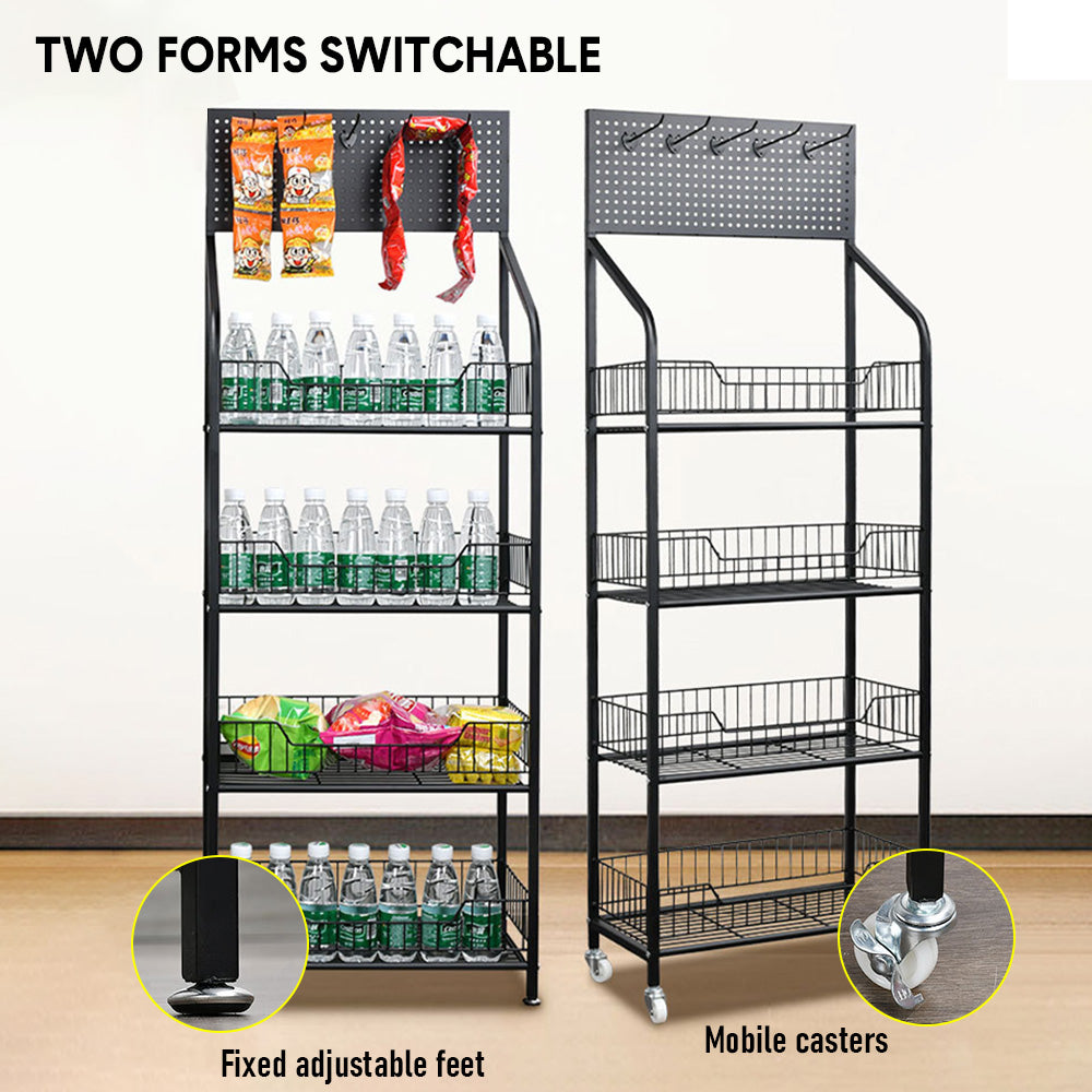 4 Tier Supermarket Shelf Display Rack Grocery Metal Stand Shelf for Commercial Retail Stores Home Organizer-with Wheel Black