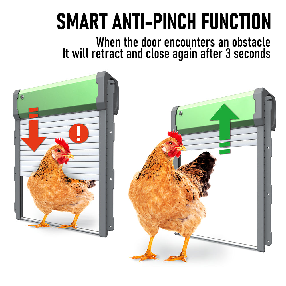 Solar Powere Automatic Chicken Coop Door Waterproof Cage Closer Opener Anti-Pinch with Timer Auto Light Sensor and Remote Control One Year Warranty