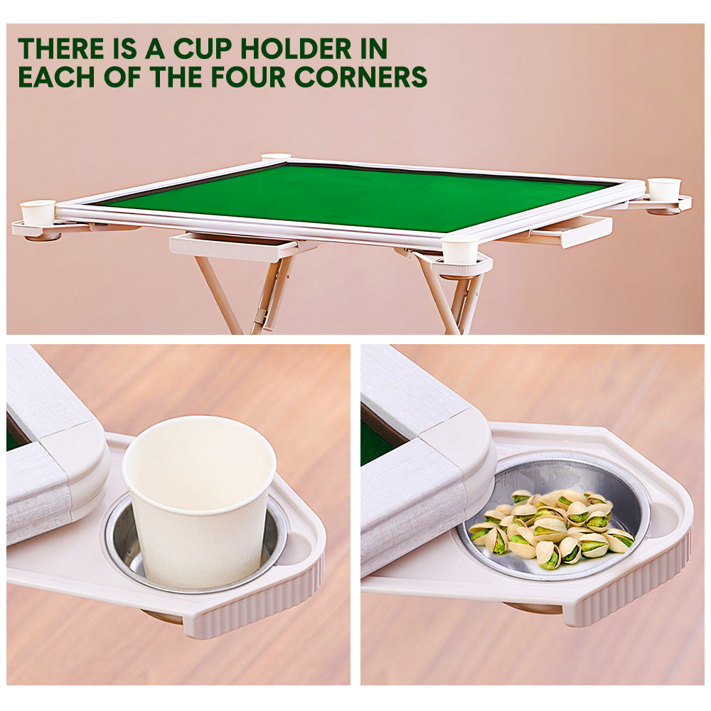 88cm Square Folding Mahjong Card Table with Felt Green Surface Tabletop and Cup Holders Drawers Portable Foldable Game Table for 4 Players Green