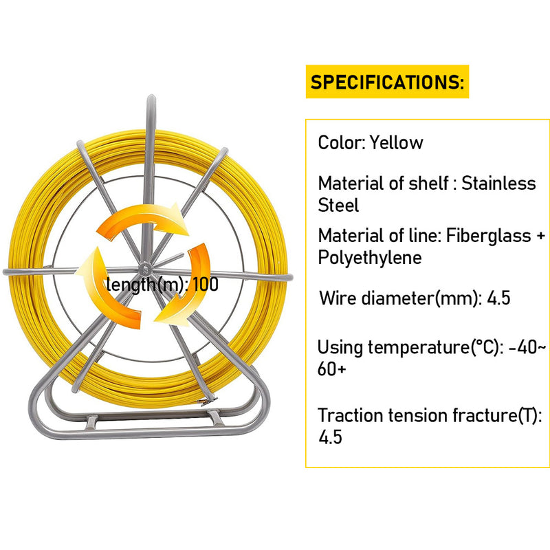 4.5mm 100M Fish Tape Fiberglass Rodder with Steel Reel Cage Cable Duct Rodder Snake Copper trace Wire Telstra NBN Tool Non-Conduct