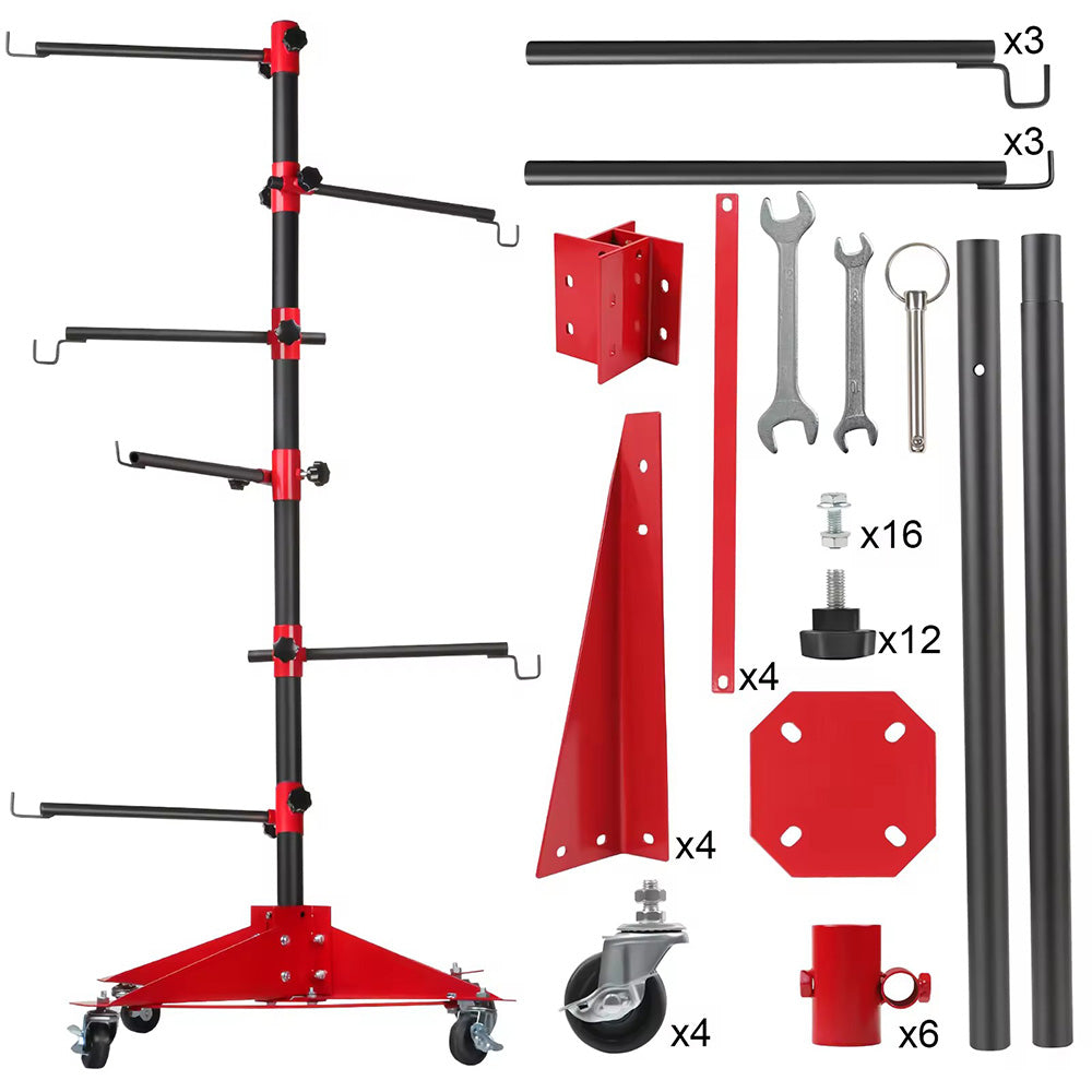 Universal Auto Paint Stand Panel Tree Paint Rotating Stand Center Post Hang Paint Spray with 4 Wheels and 6 Hooks for Automotive Doors Fenders Bumpers