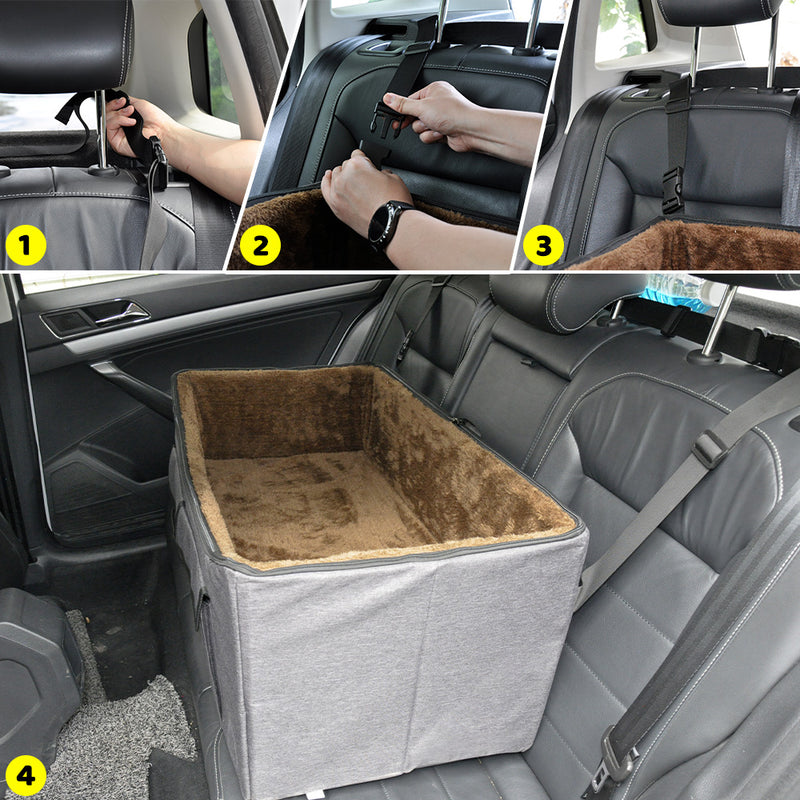 Foldable Pet Car Seat Portable Travel Dog Booster Seat Washable Double-Sided Cushion with Safety Belt and Storage Pocket For Medium Dogs Pets Grey