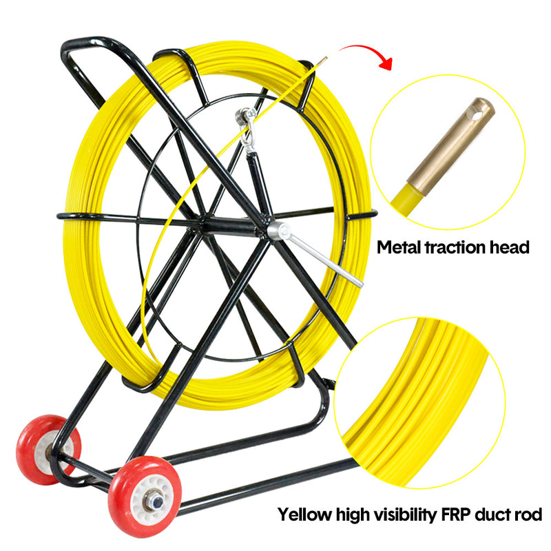 4.5mm 120M Fish Tape Puller Fiberglass Rodder Guiding Cable Duct Rodder Snake Copper Wire with Steel Reel Cage and Wheels Telstra NBN Tool Non-Conduct