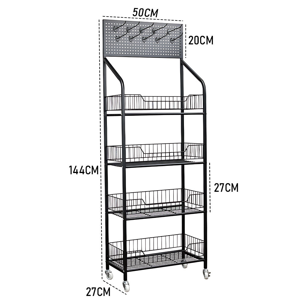 4 Tier Supermarket Shelf Display Rack Grocery Metal Stand Shelf for Commercial Retail Stores Home Organizer-with Wheel Black