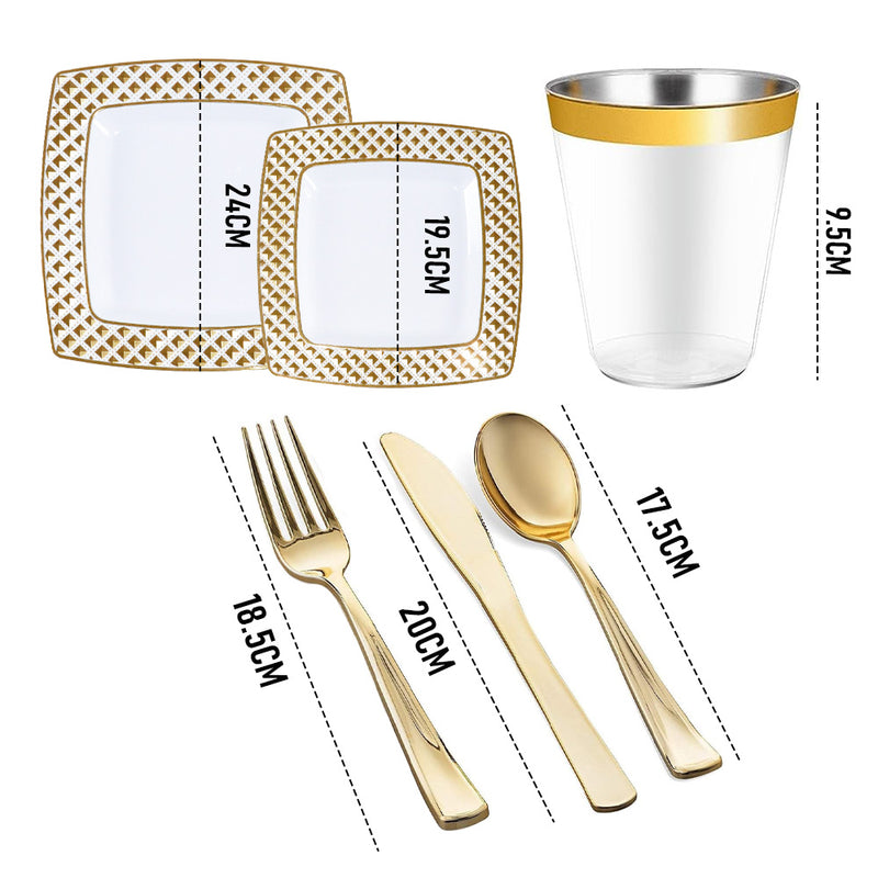 175pcs Food-Grade Wedding Event Banquet Disposable Tableware Dinnerware Gold-Edged Plastic Cutlery Pack of 25 Dining Sets Square Plates Cutlery Napkins