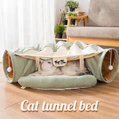 Cat Bed with Tunnel Large Foldable Soft Cushion Bedding Matcha Washable 2-in-1 Cat Bed