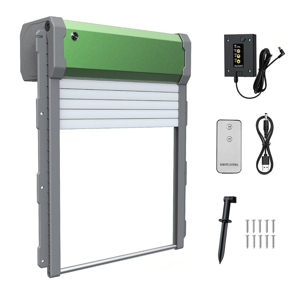 Solar Powere Automatic Chicken Coop Door Waterproof Cage Closer Opener Anti-Pinch with Timer Auto Light Sensor and Remote Control One Year Warranty