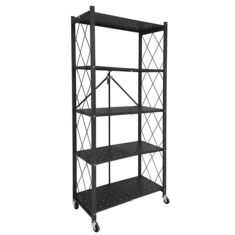 5 Tier Foldable Shelf Metal Display Rack Floor Standing Storage Capacity 100kg with Wheels for Commercial Retail Stores Bookcase Home Organizer Black