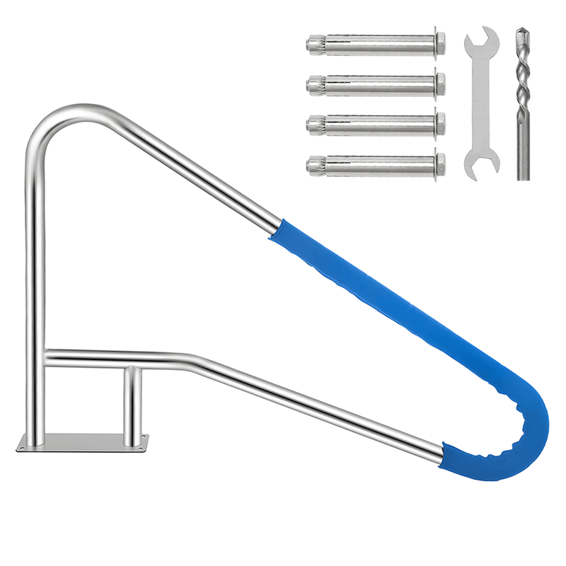 Swimming Pool Handrails 304 Stainless Steel Pool Railing Ladder Steps Grab Bars With Base Plate and Blue Grip Cover 135x80cm