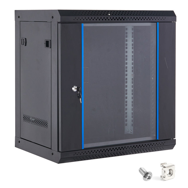 12U Cabinet Server Network Data Rack Wall Mount LAN Rack IT Equipment 20kg Max with Lockable Glass Door and Removable Side Panels 400mm Deep Overall 0.6mm