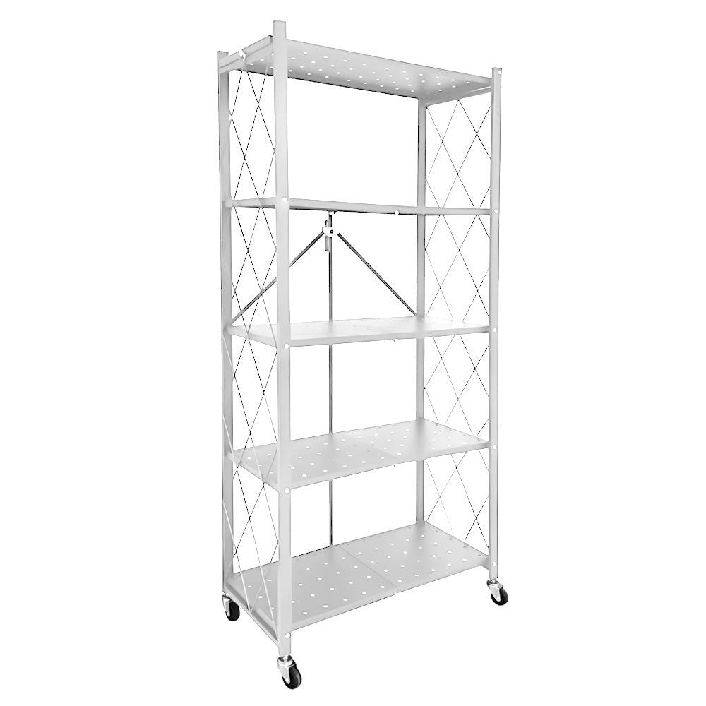 5 Tier Storage Shelf Rack Foldable Kitchen Organizer Heavy-Duty Steel Durable Display Cart with Swivel Lockable Casters for Kitchen Garage Bookshelf White