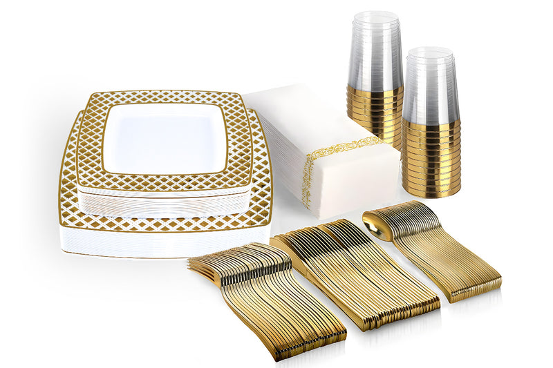 175pcs Food-Grade Wedding Event Banquet Disposable Tableware Dinnerware Gold-Edged Plastic Cutlery Pack of 25 Dining Sets Square Plates Cutlery Napkins