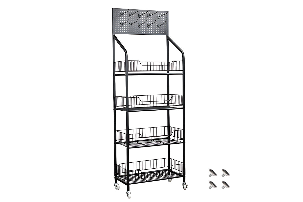 4 Tier Supermarket Shelf Display Rack Grocery Metal Stand Shelf for Commercial Retail Stores Home Organizer-with Wheel Black