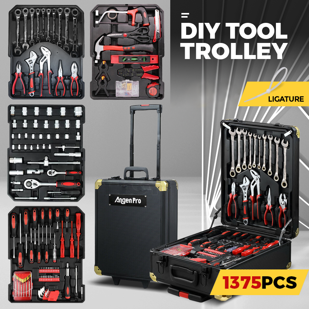 1375PCS Portable Tool Kit Trolley Comprehensive Repair Universal DIY Hand Tools Case Mechanics Toolbox Set Organiser Box with Wheels and Locks 50X37X10CM