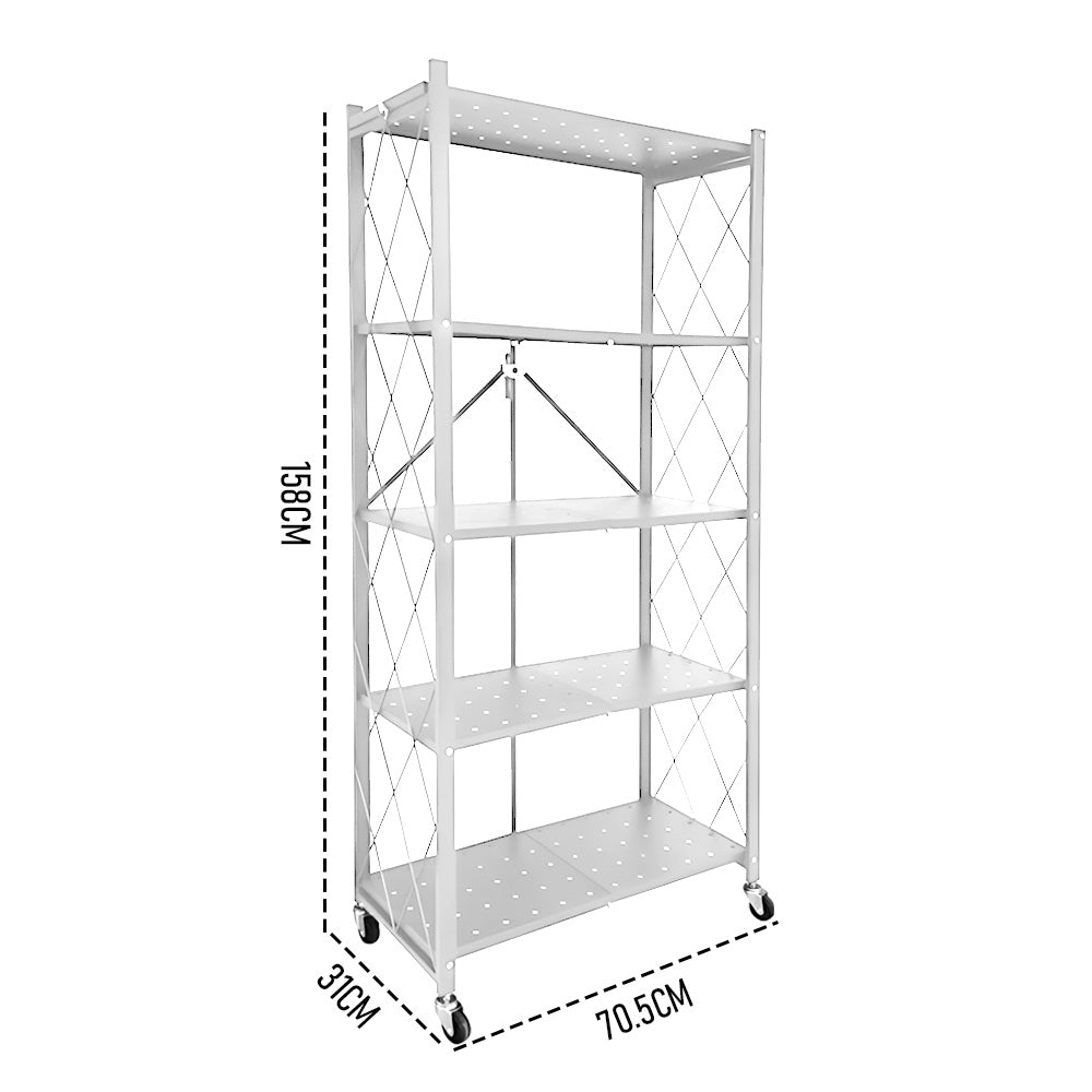 5 Tier Storage Shelf Rack Foldable Kitchen Organizer Heavy-Duty Steel Durable Display Cart with Swivel Lockable Casters for Kitchen Garage Bookshelf White