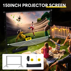 Projector Screen with Stand 150 Inch 16:9 4K 1080 HD Height Adjustable 200-260cm with 2 Tripod Stand and Storage Bag Indoor Outdoor