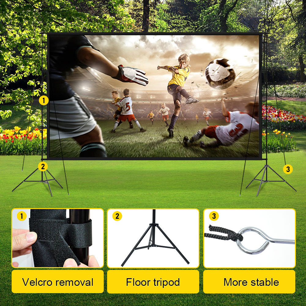 Projector Screen with Stand 150 Inch 16:9 4K 1080 HD Height Adjustable 200-260cm with 2 Tripod Stand and Storage Bag Indoor Outdoor