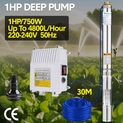 1HP 0.75W 220V Stainless Steel Deep Well Water Pump Submersible Bore Pump Head Max 58M/70L Per Minute for Industrial Irrigation Livestock Home Use