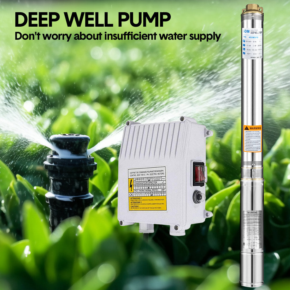 1HP 0.75W 220V Stainless Steel Deep Well Water Pump Submersible Bore Pump Head Max 58M/70L Per Minute for Industrial Irrigation Livestock Home Use