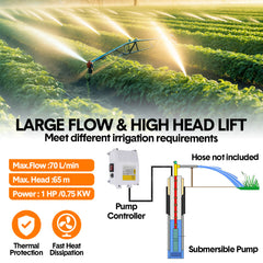 1HP 0.75W 220V Stainless Steel Deep Well Water Pump Submersible Bore Pump Head Max 58M/70L Per Minute for Industrial Irrigation Livestock Home Use