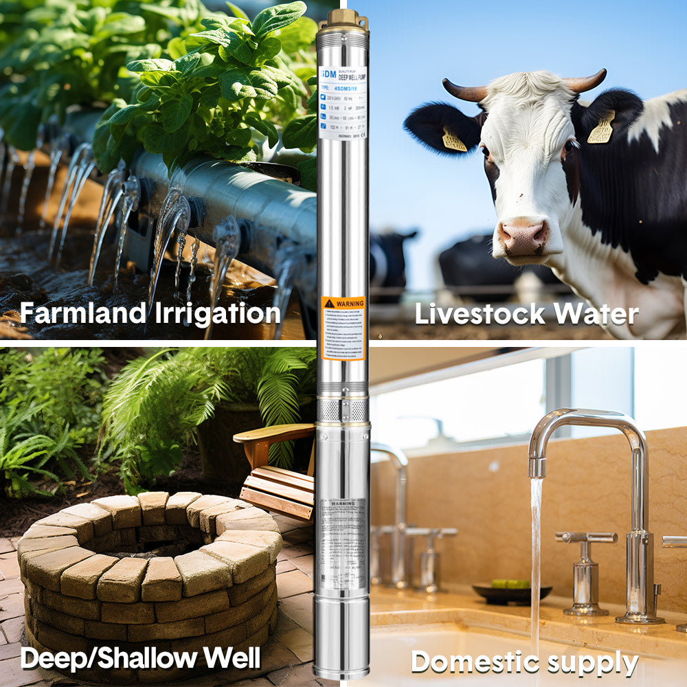 1HP 0.75W 220V Stainless Steel Deep Well Water Pump Submersible Bore Pump Head Max 58M/70L Per Minute for Industrial Irrigation Livestock Home Use