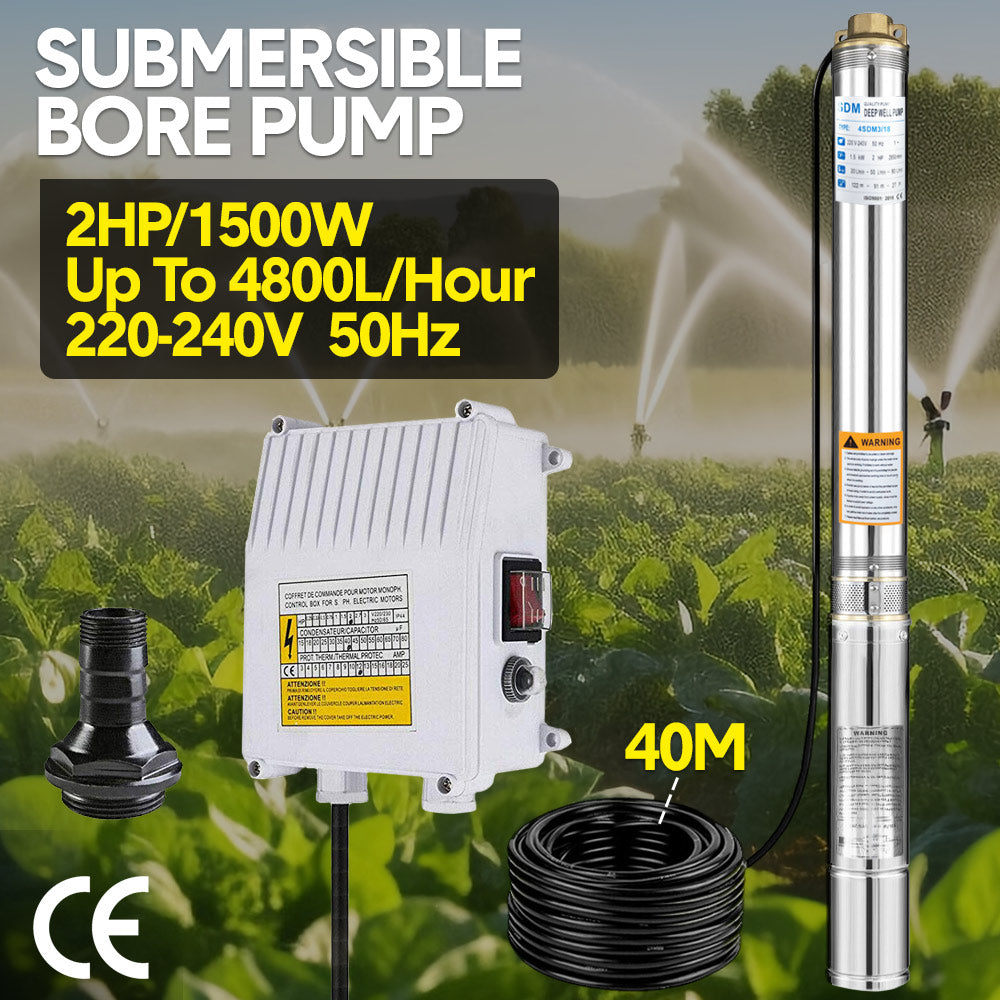 2HP 1500W Submersible Bore Pump 240V Deep Well Water Pump Borehole Water Pump Stainless Steel Max Head 135m for Industrial Irrigation Livestock Home Usec z