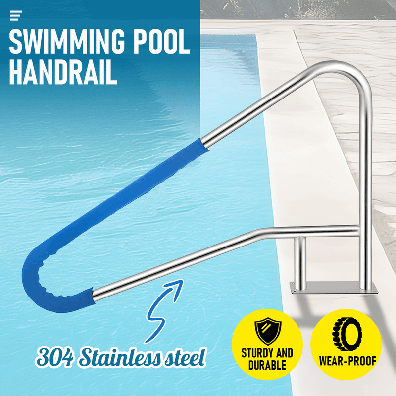 Swimming Pool Handrails 304 Stainless Steel Pool Railing Ladder Steps Grab Bars With Base Plate and Blue Grip Cover 135x80cm