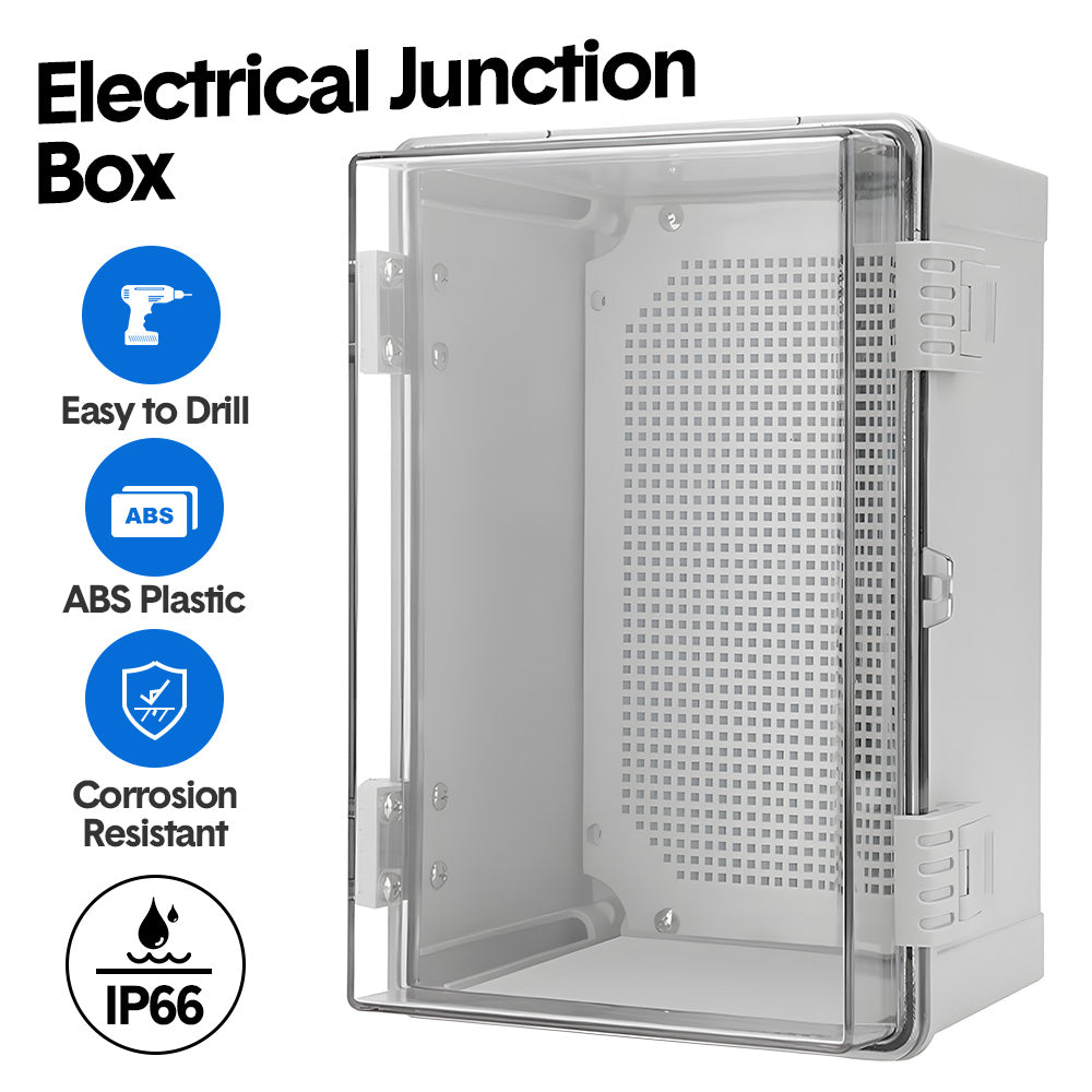 Electrical ABS Junction Box IP66 Waterproof Electrical Enclosure with Clear Hinged Cover and Mounting Plate for Electrical Project 30x20x17cm