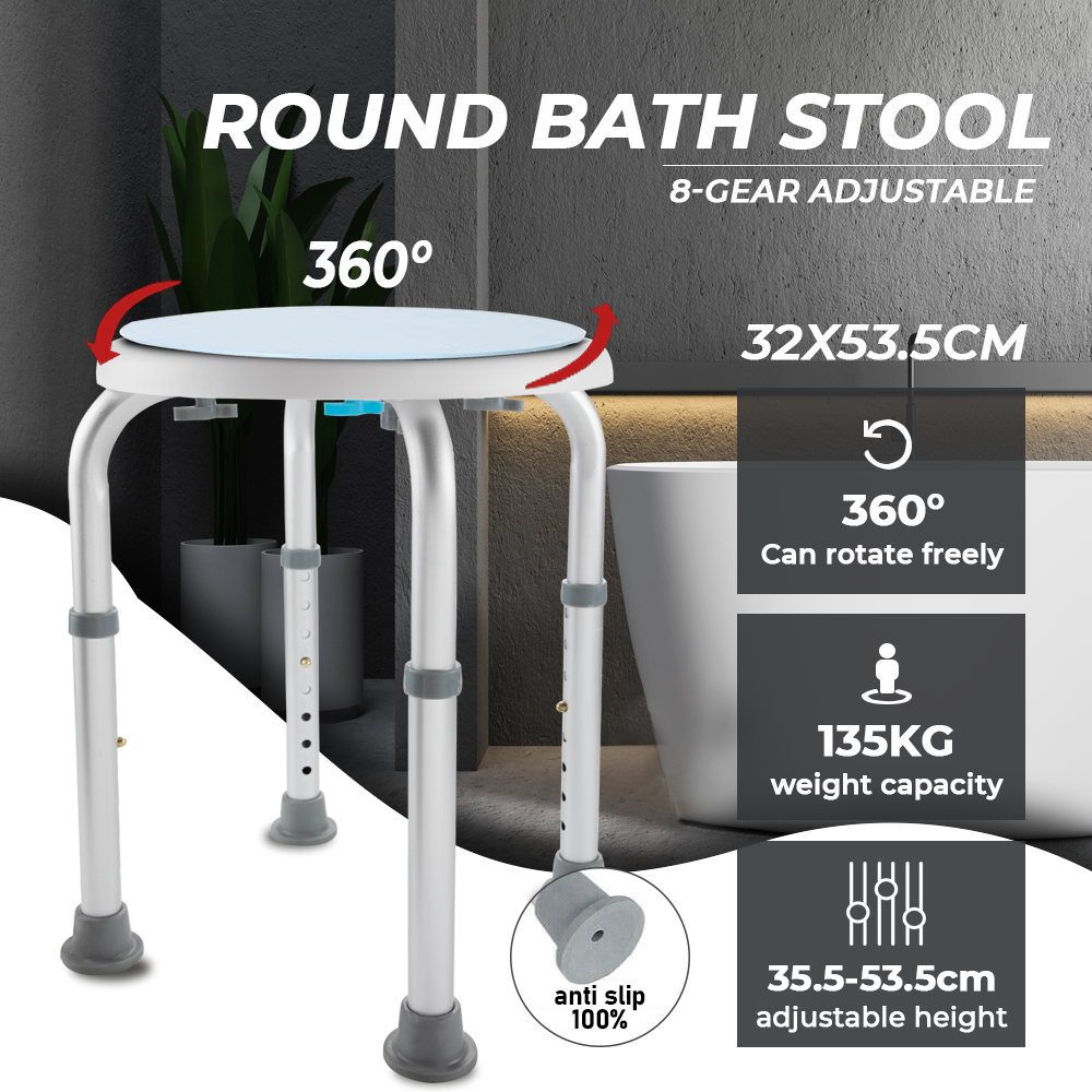 Bath Shower Stool Chair Seat Non-Slip Adjustable Height 35.5cm to 53.5cm 136kg Capacity Rotating Swivel Round Elderly Medical Bench Safety Bathroom