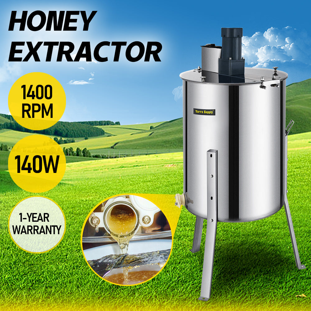 Electric Stainless Steel Honey Extractor Beekeeping Extraction 4-Frame Honeycomb Drum Spinner with 140W Motor and 2 Clear Lids Height Adjustable Stand